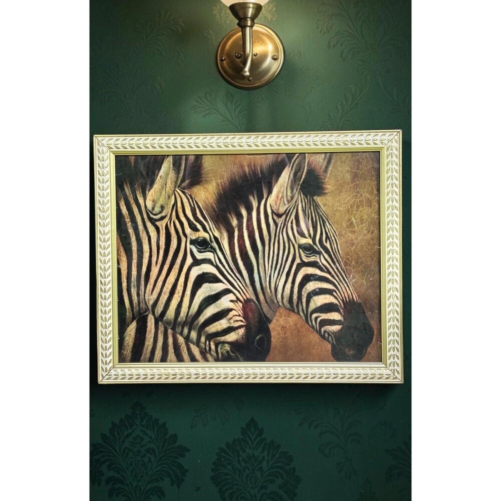 Vintage Zebra Portrait, Palm Beach Regency Lime Gold Foliage Carved Wood Frame